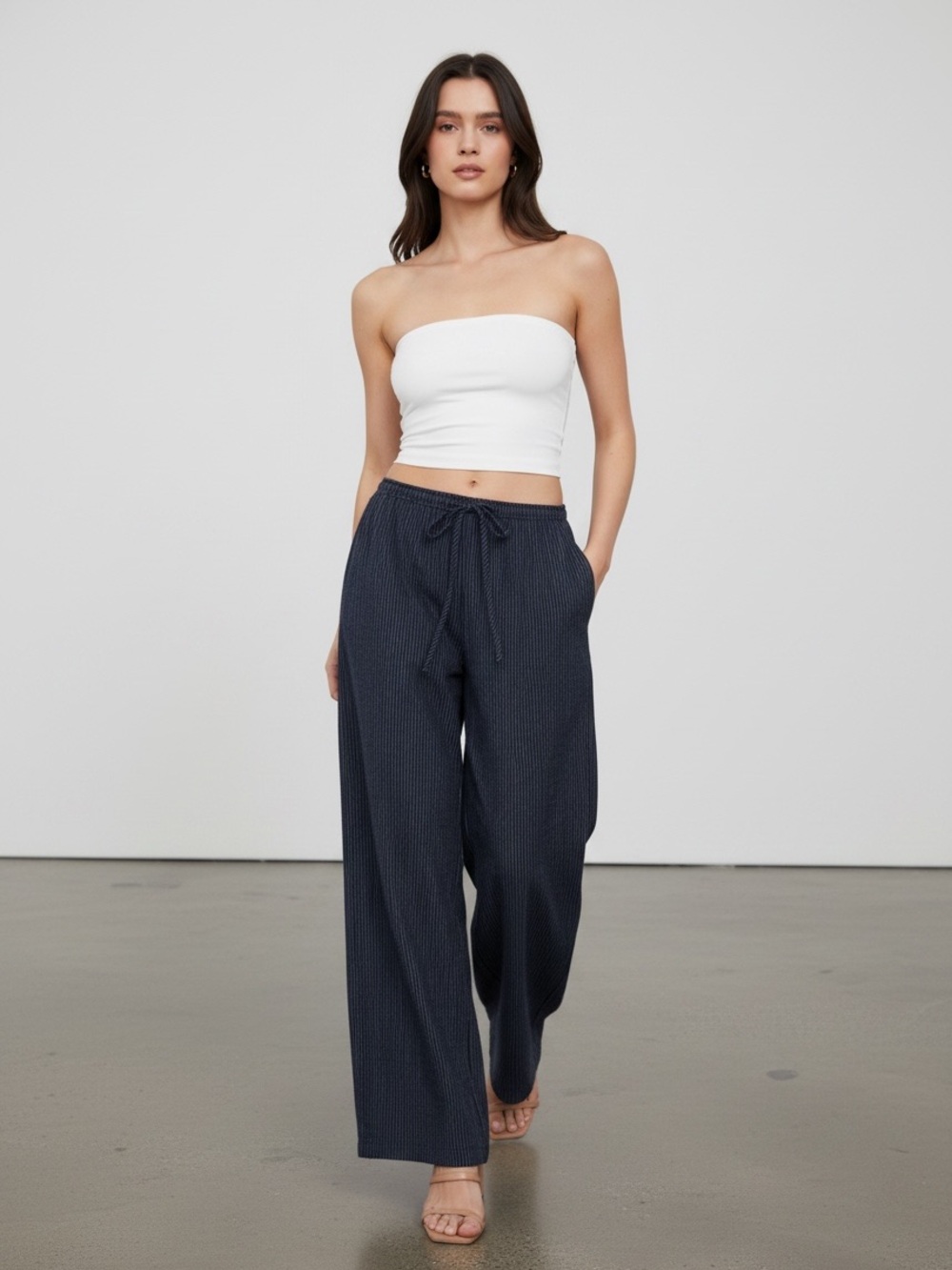 1417 • Navy Cotton Wavering Stripe Straight Leg Slant Pockets Drawstring Pants